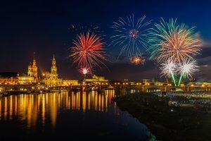 Panoramic image of Dresden, Germany during sunset with Elbe River 